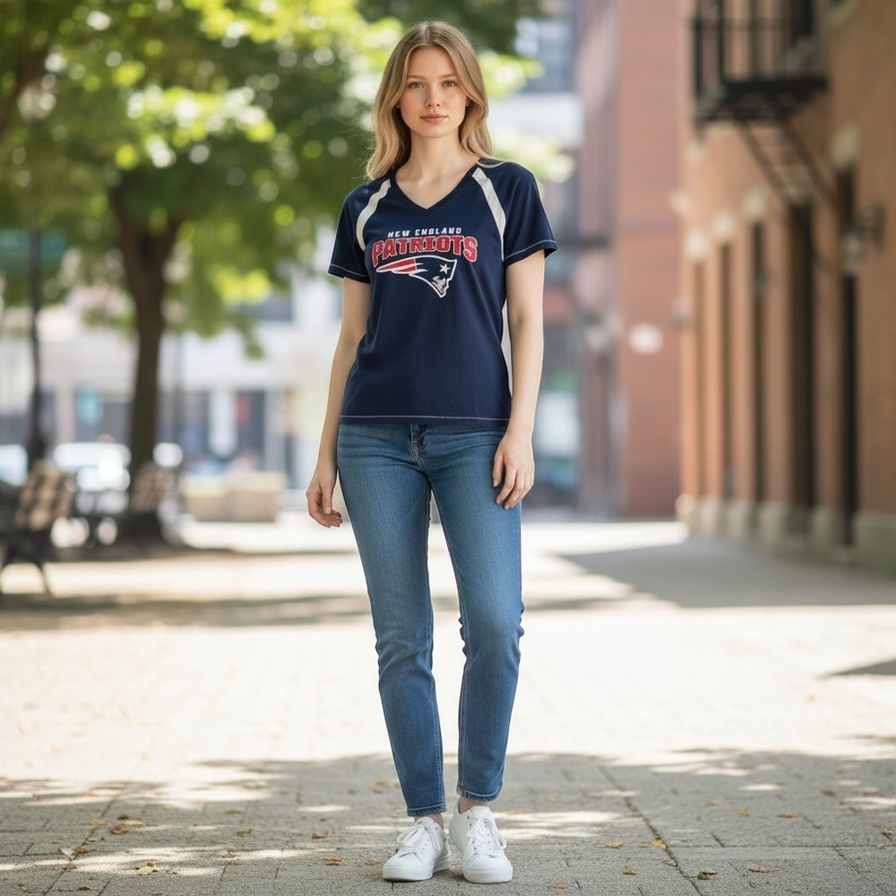 Majestic New England Patriots Womens V-Neck T-Shirt Navy Blue Size Large NFL
